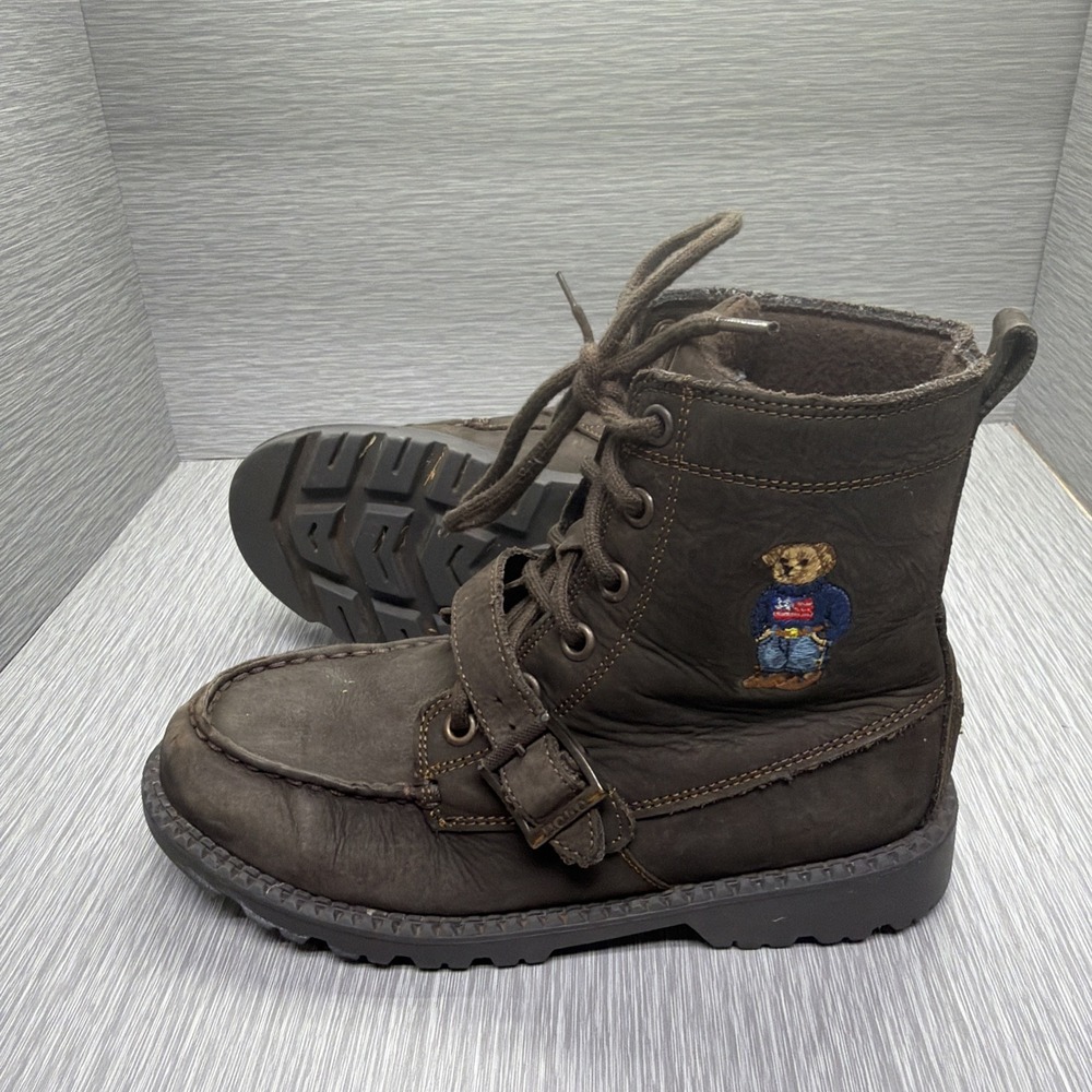 Polo‎ Ralph Lauren Boys Boots Brown Leather Polo Bear Lace Up Youth Size 3